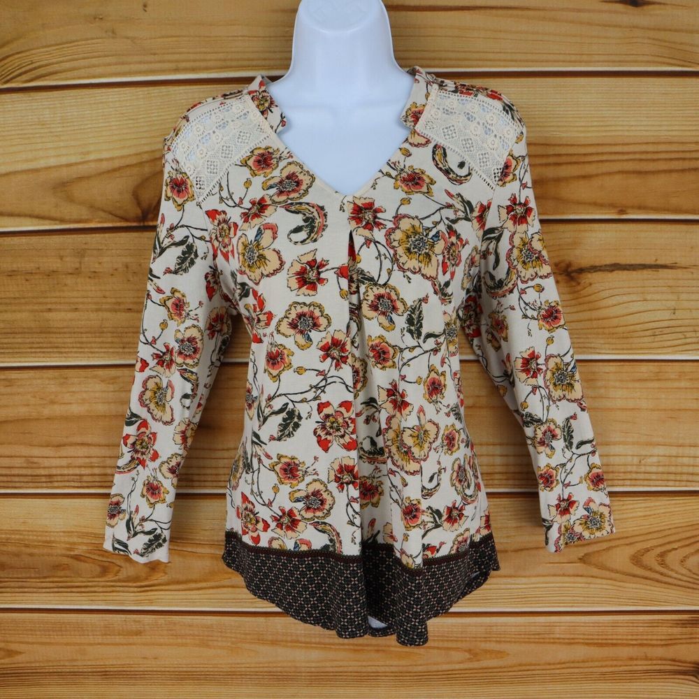 Daniel Rainn Knit Top V-Neck Womens Size S Multicolor Lace Accents Long Sleeve